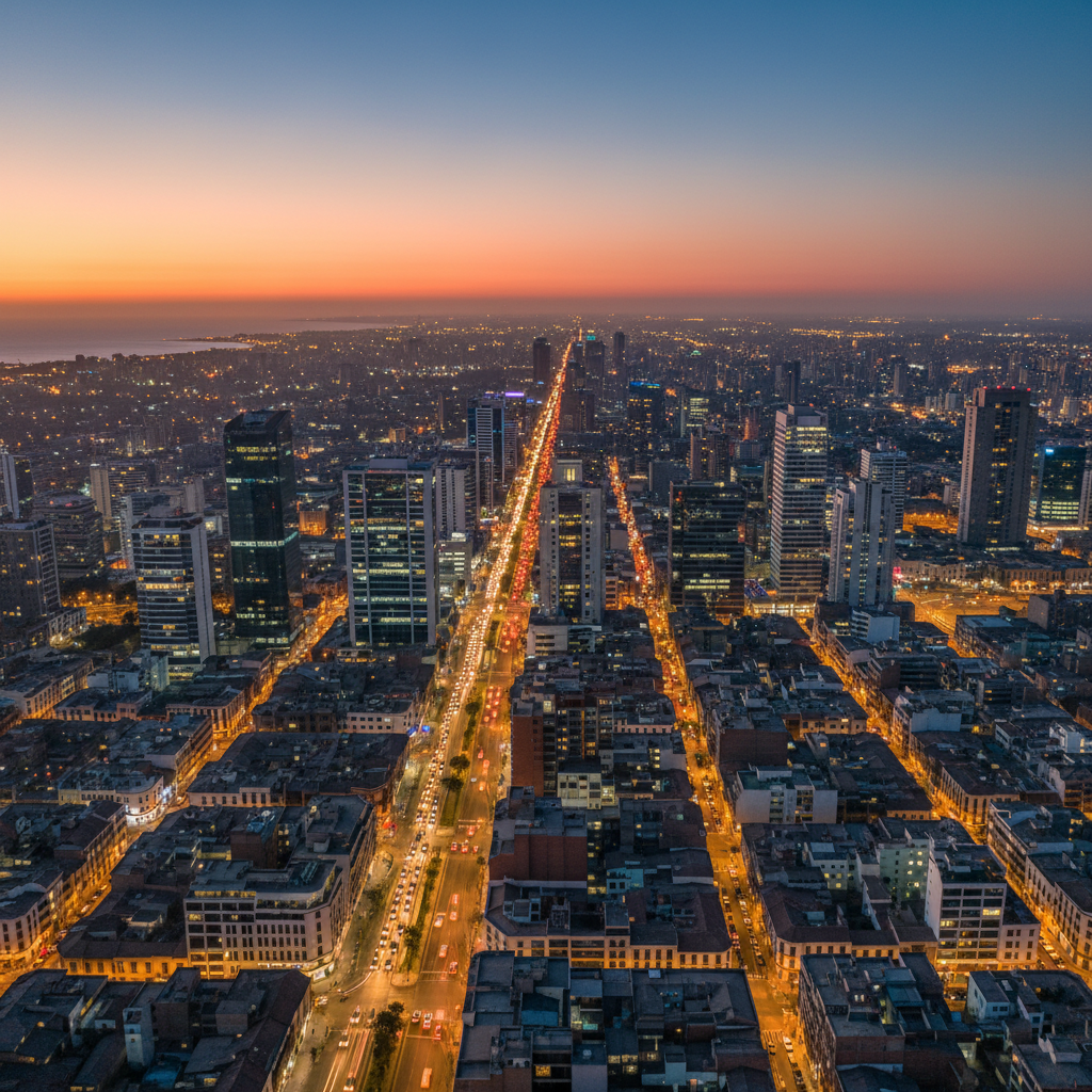 A wide aerial view of Lima’s dense urban skyline at dusk, depicted in photographic realism, with a mixture of modern glass office towers and older low-rise buildings stretching toward a hazy horizon. Streetlights and vehicle headlights form glowing rivers of light, hinting at bustling evening traffic. The sky transitions from soft orange near the horizon to deep blue above, with residual golden hour illumination casting warm highlights on building facades and cooler shadows between streets. Captured with a wide-angle lens and sharp focus throughout, the composition uses the rule of thirds, placing the brightest avenue diagonally across the frame, evoking a dynamic, constantly moving city that is the epicenter of national news and political power.