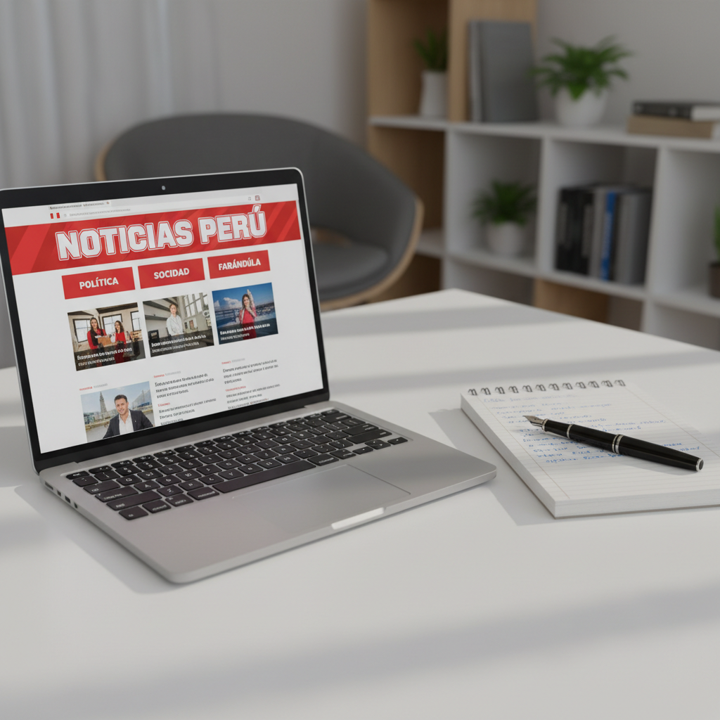 A close-up of a modern laptop on a clean white desk, its screen displaying a Spanish-language news portal layout with distinct sections labeled Política, Sociedad and Farándula, along with a prominent red and white color scheme evoking the Peruvian flag. Next to the laptop, a spiral notebook with neatly written notes in Spanish and a black fountain pen rest on the surface. Soft daylight enters from an unseen window, creating mild reflections on the laptop’s metallic body and subtle shadows under the notebook. Shot from a slightly elevated angle in photographic realism, the background is a gentle office blur, giving a calm yet active sense of daily digital reporting and analysis.