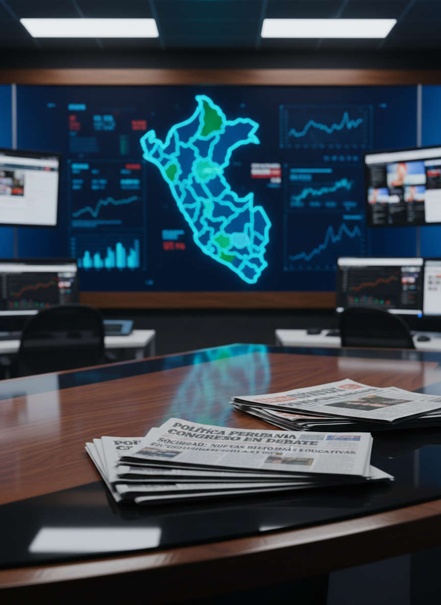 A polished wooden news desk with a sleek dark finish, covered with neatly stacked printed newspapers featuring bold Spanish headlines about política, sociedad y farándula in Perú. Behind the desk, a large wall-mounted digital map of Peru glows softly, displaying highlighted regions and subtle data overlays. Multiple computer monitors show blurred news websites and real-time graphs. Cool, diffused studio lighting from above and behind creates gentle reflections on the desk surface and crisp shadows along the paper edges. Photographic realism at eye-level, with a shallow depth of field that keeps the desk and map in sharp focus while the background softly fades, conveying a professional, objective and analytical newsroom atmosphere for a digital medio peruano.