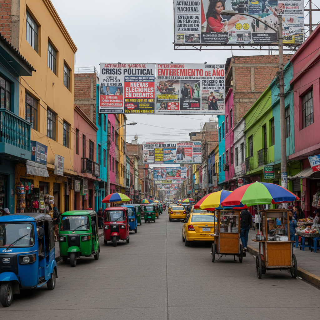 A busy Peruvian street scene portrayed without people: colorful mototaxis and yellow taxis parked tightly along a narrow urban avenue, with lively facades of small tiendas, street food carts, and billboards covered in Spanish posters and headlines about actualidad nacional and entretenimiento. Some posters are slightly torn, adding texture and authenticity. Overcast daylight provides soft, diffused lighting, eliminating harsh shadows and highlighting the saturated colors of vehicles and signage. Captured from sidewalk level with a moderate depth of field, the foreground signage is in crisp focus while the background buildings slowly blur, creating a realistic, energetic urban atmosphere that reflects everyday sociedad topics in the news.