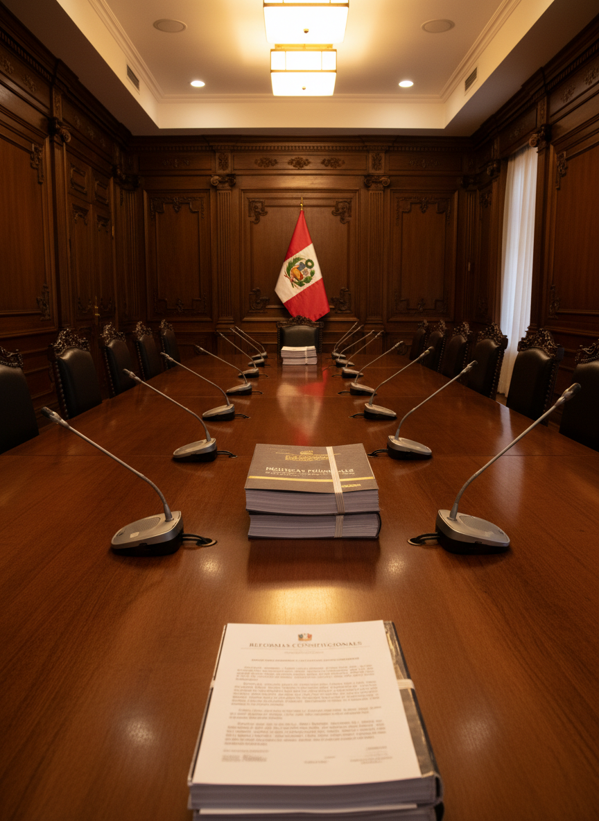 A richly textured wooden conference table inside a formal government meeting room, completely empty of people yet filled with symbolic objects: a neatly folded Peruvian flag at one end, thick legal documents with visible Spanish headings about reformas and políticas públicas, and a row of polished microphones turned off and resting in silence. The walls are lined with dark wood paneling and subtle decorative moldings. Warm overhead lighting creates a dignified glow, emphasizing the grain of the wood and casting soft, orderly shadows. Shot at eye-level with photographic realism, the image has a centered, symmetrical composition that conveys institutional seriousness, transparency and the gravity of political decisions discussed in national news coverage.